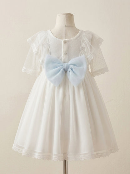 Vestido tul de plumeti blanco roto y lazo celeste