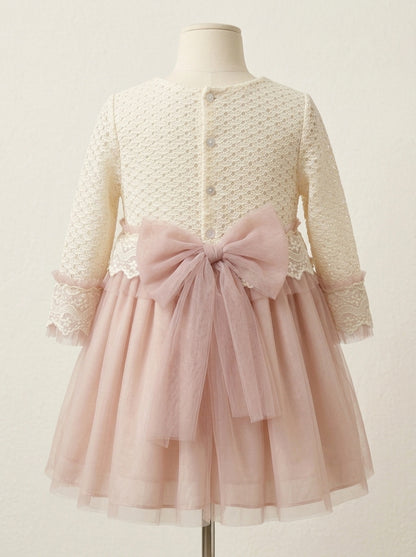 Vestido cuerpo beig y falda de tul rosa empolvado