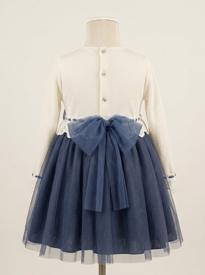 Vestido tul beig y azul marino con lazo