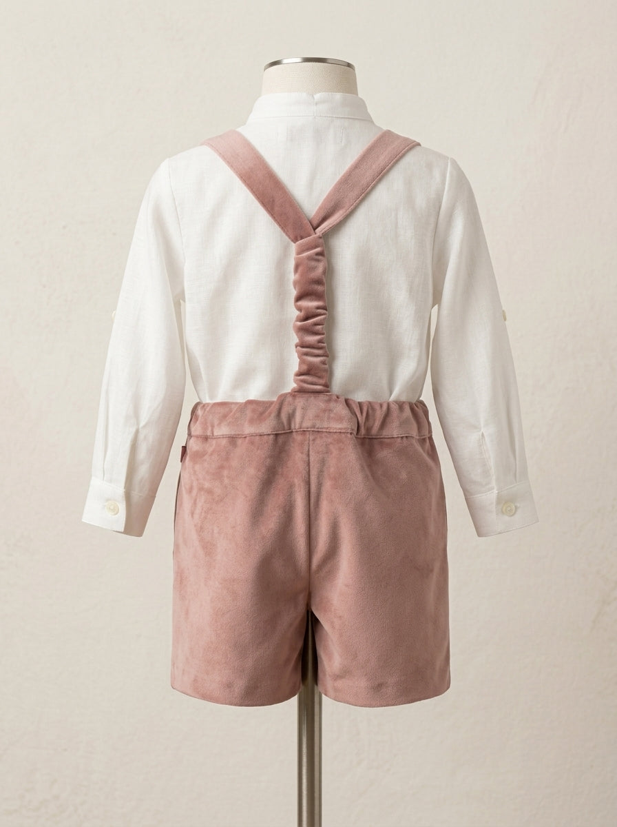 Conjunto camisa lino y short con tirantes terciopelo rosa con pajarita