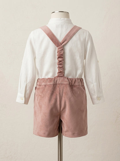 Conjunto camisa lino y short con tirantes terciopelo rosa con pajarita