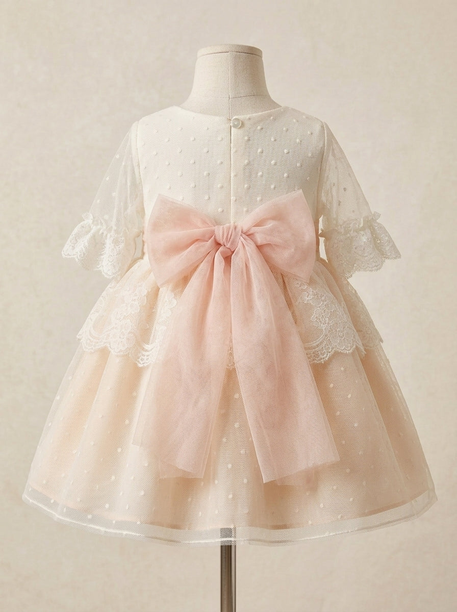 Vestido de tul de plumeti beig y rosa
