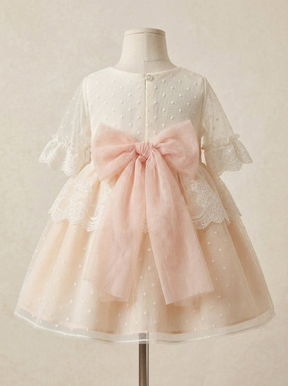 Vestido de tul de plumeti beig y rosa