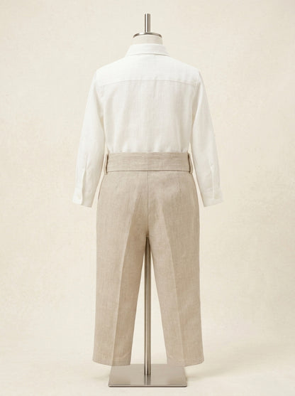 Conjunto camisa lino y pantalon largo arena con pajarita