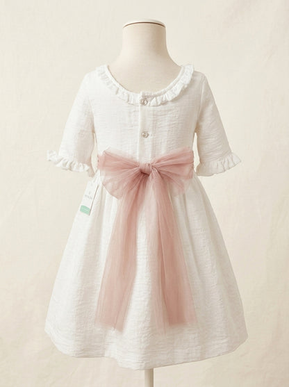 Vestido infantil de bambula blanco y fajin rosa