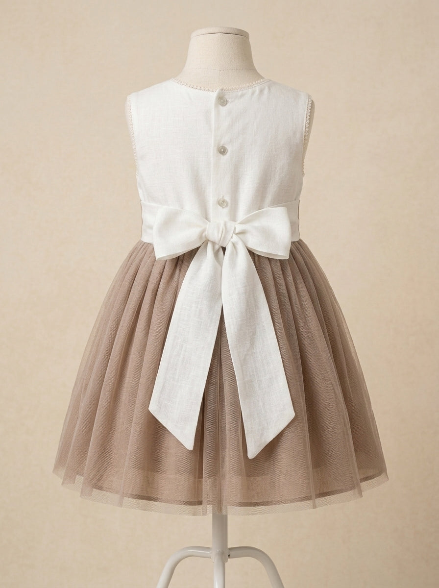 Vestido infantil sin mangas lino crudo y malva