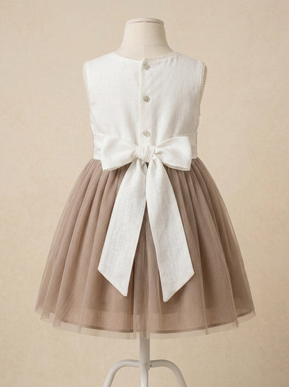 Vestido infantil sin mangas lino crudo y malva