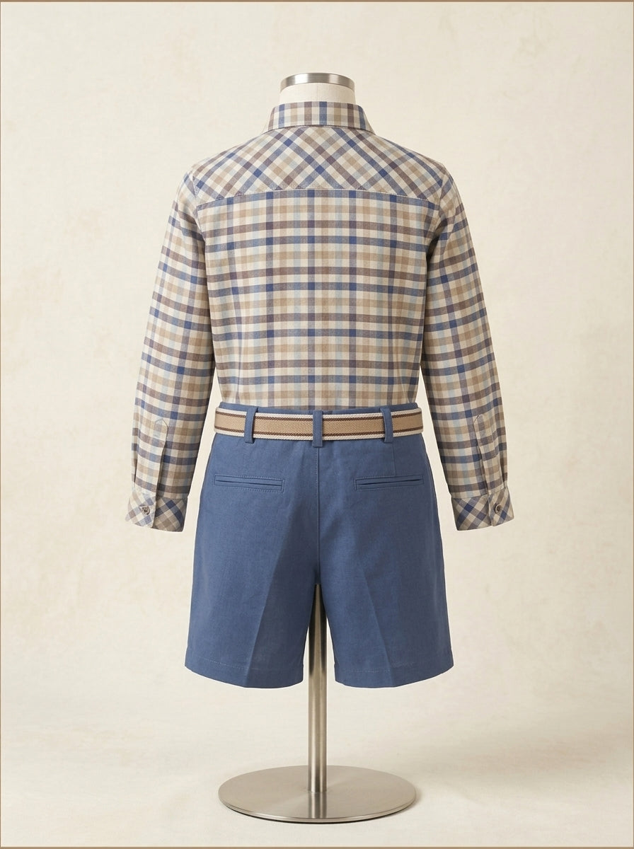 Camisa cuadros azules y marrones y short azul "Virginia"