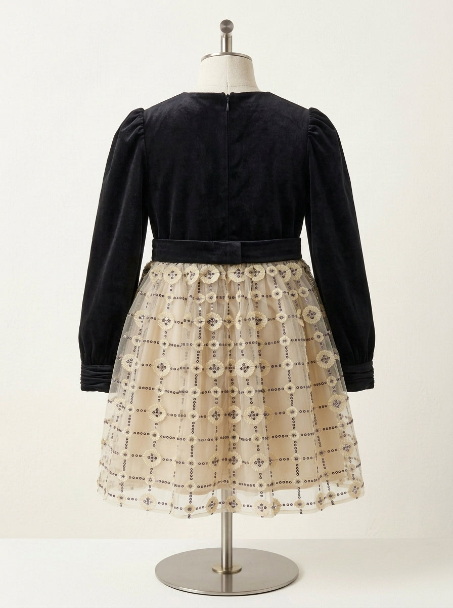 Vestido terciopelo negro y falda tul bordado beig