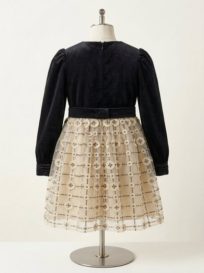 Vestido terciopelo negro y falda tul bordado beig