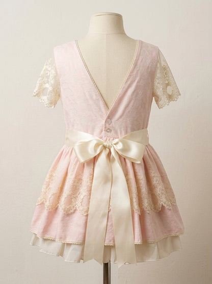 Vestido brocado rosa y beig talle bajo