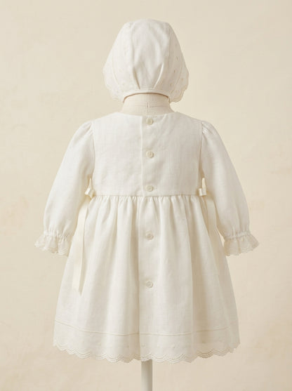 Vestido lino manga larga con detalles tul bordado con capota