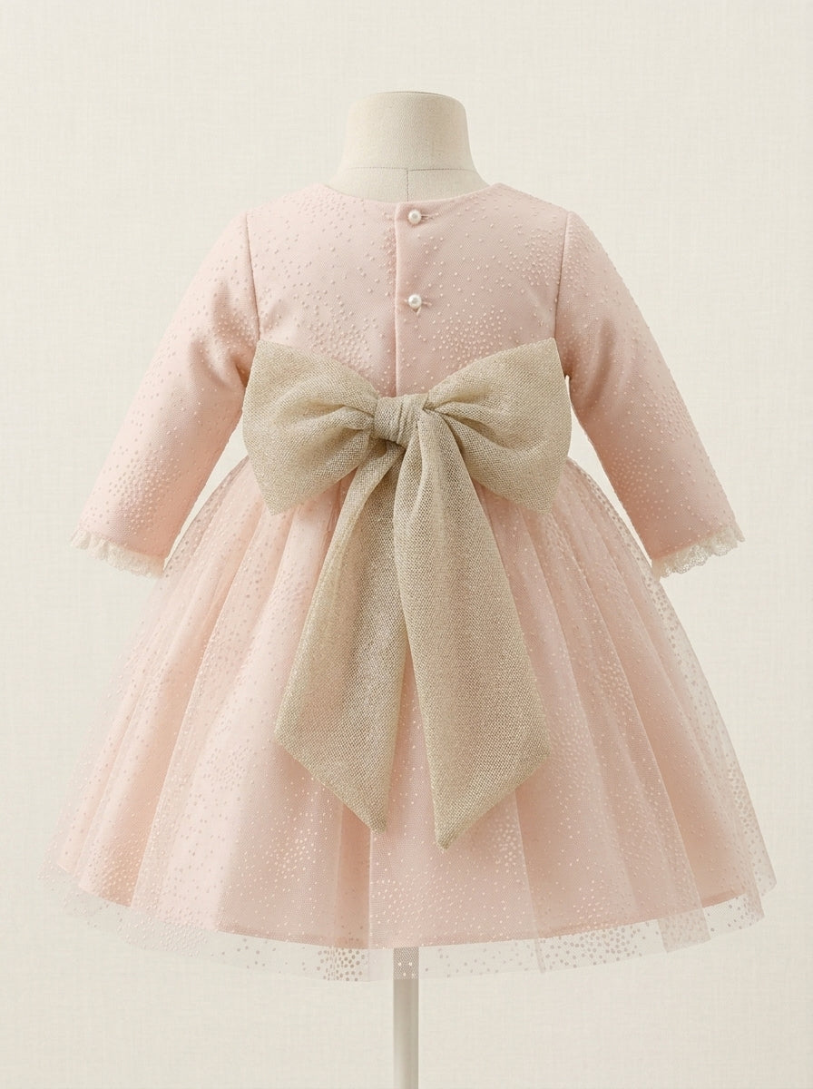 Vestido mikado salmón con flocado y fajin