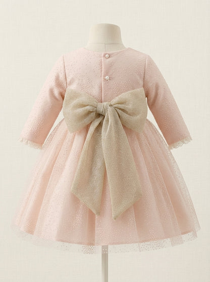 Vestido mikado salmón con flocado y fajin