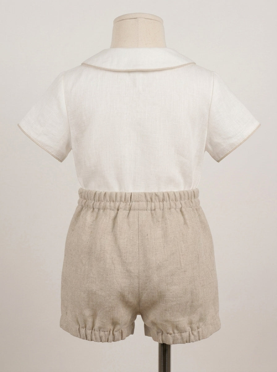 Conjunto camisa lino beig cuello bebe y bombacho tostado