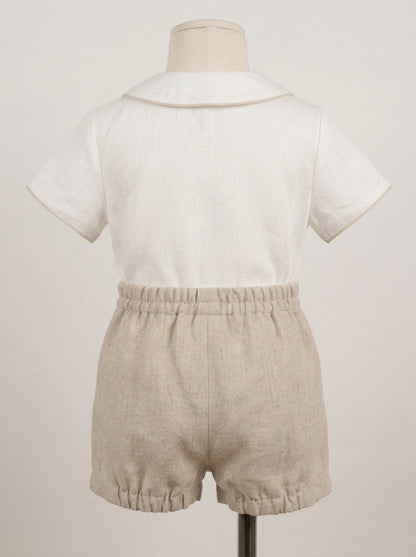 Conjunto camisa lino beig cuello bebe y bombacho tostado