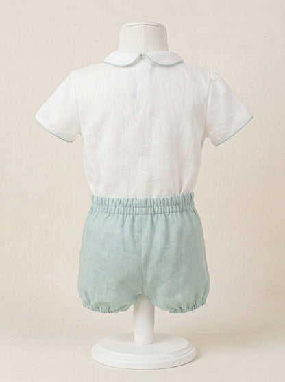 Conjunto camisa lino cuello bebe verde y bombacho