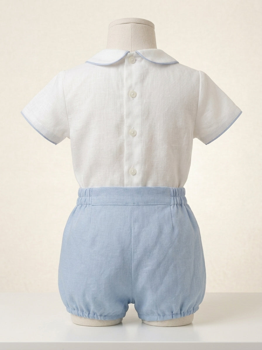 Conjunto camisa lino cuello bebe lino celeste y bombacho