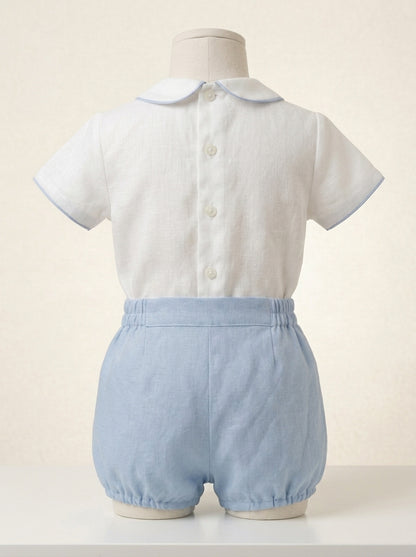 Conjunto camisa lino cuello bebe lino celeste y bombacho
