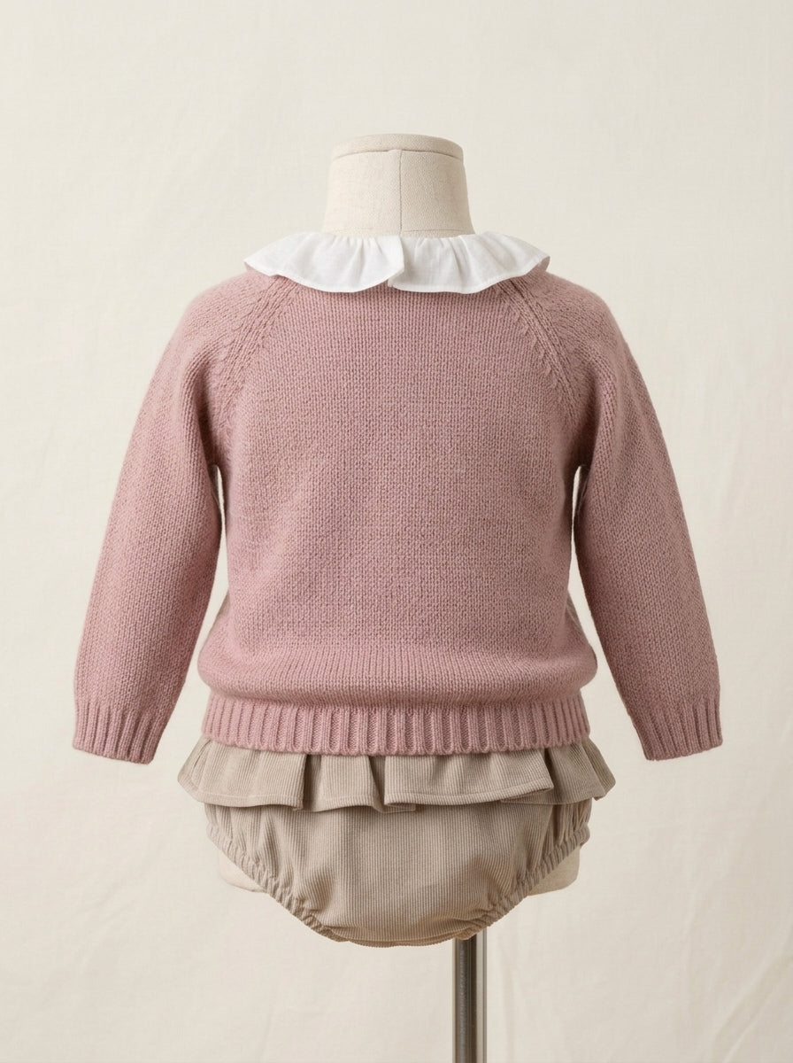 Conjunto 3 piezas, blusa, jersey rosa con carita perrito y culote con volante