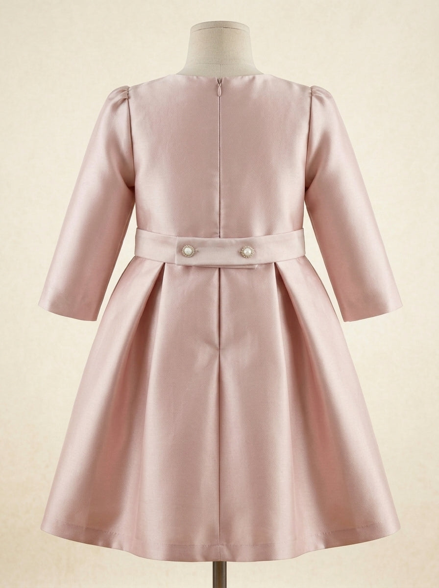 Vestido mikado rosa empolvado manga francesa