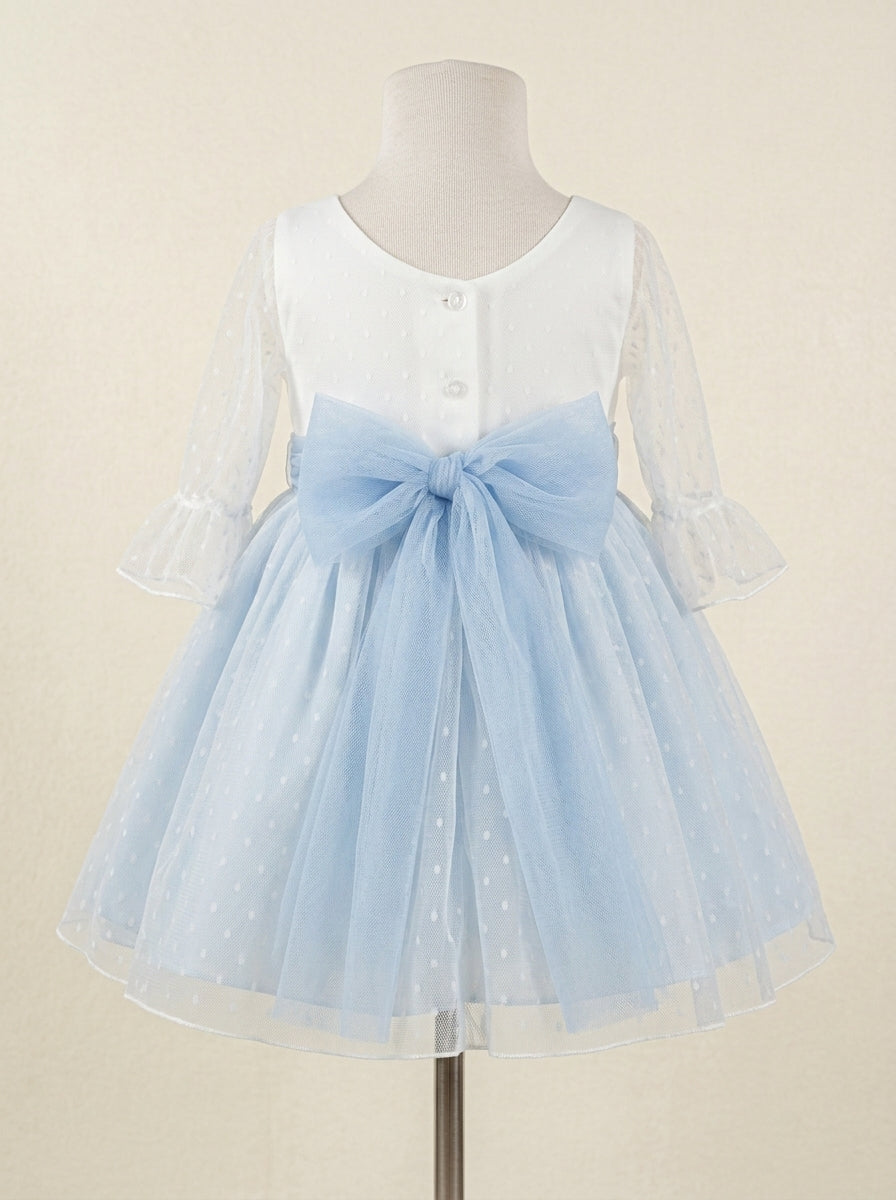 Vestido tul de plumeti blanco y azul manga francesa