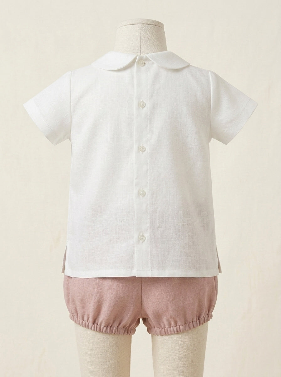 Conjunto camisa blanco roto y short rosa empolvado