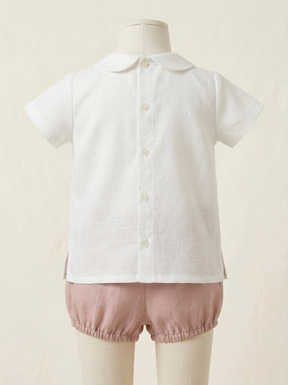 Conjunto camisa blanco roto y short rosa empolvado