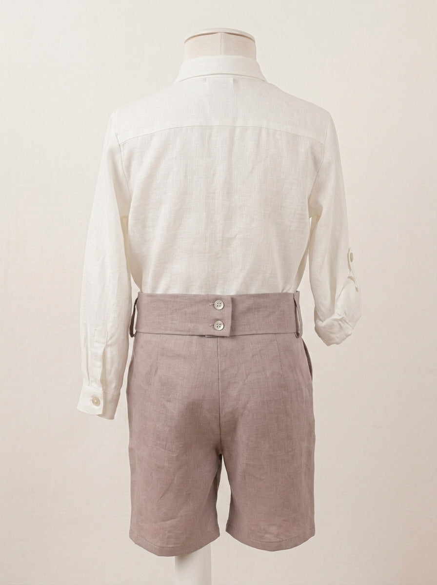 Conjunto camisa lino beig y short lino malva con fajin y pajarita