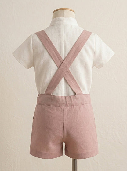 Conjunto camisa beig y short con tirantes rosa empolvado