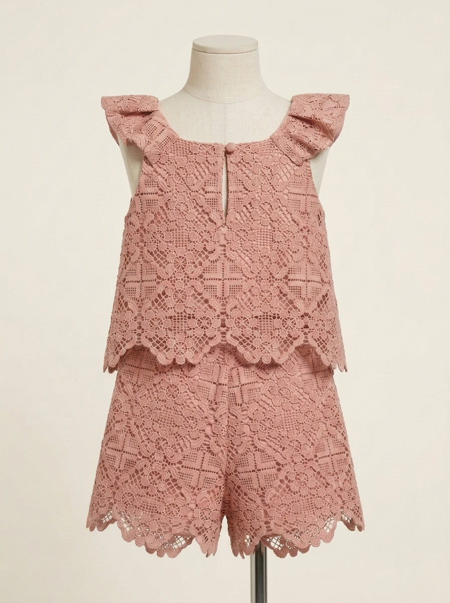 Conjunto blusa y short guipur salmon