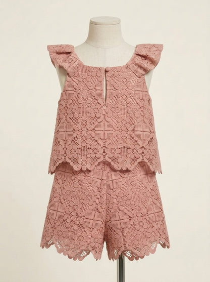 Conjunto blusa y short guipur salmon