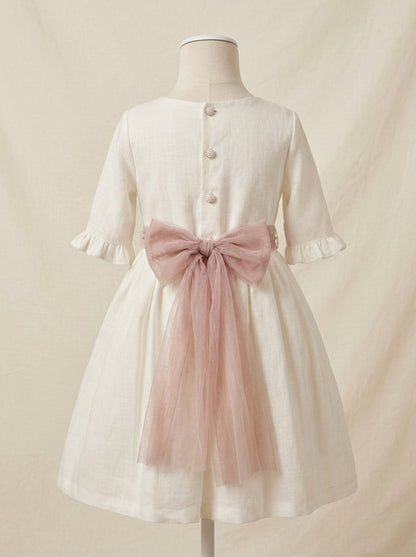 Vestido lino beig manga francesa y fajin azul empolvado