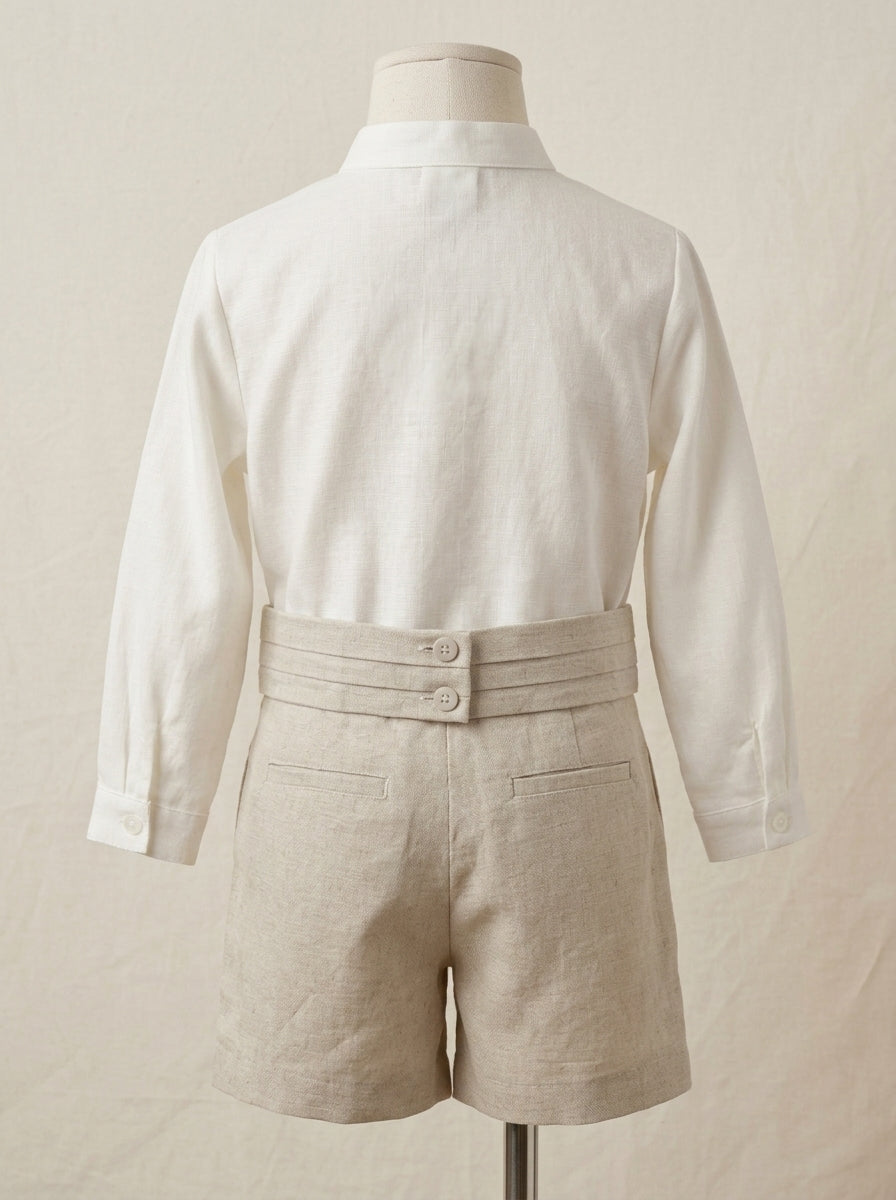Conjunto camisa lino beig y short arena con fajin tablas arena
