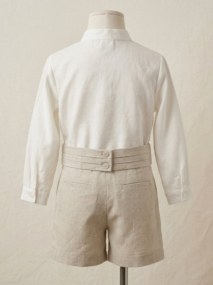 Conjunto camisa lino beig y short arena con fajin tablas arena