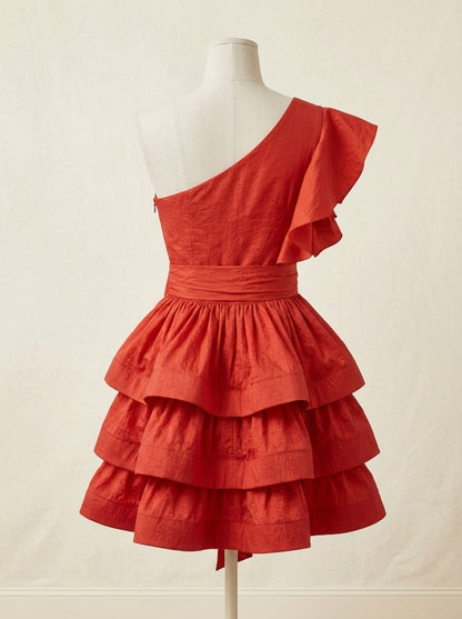 Vestido tafetan rojo con volantes y un hombro al aire