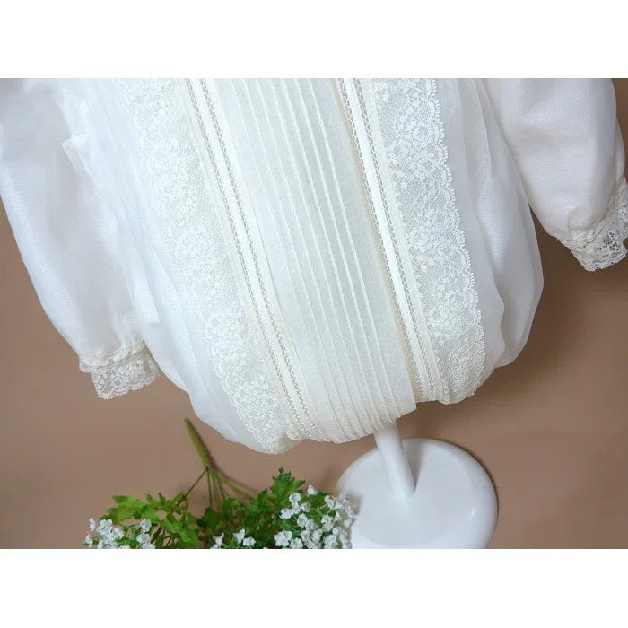 Pelele organza beig con lorzas y puntilla - PARDALETS