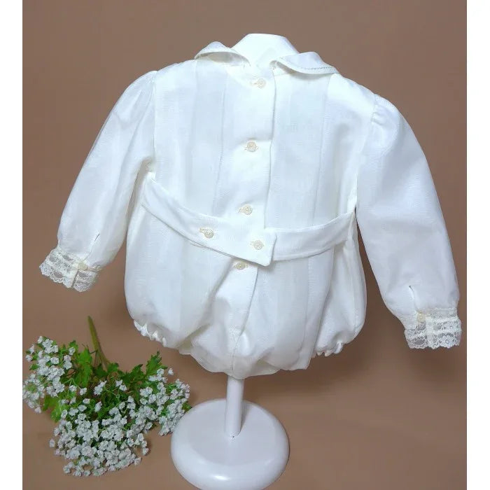 Pelele organza beig con lorzas y puntilla - PARDALETS