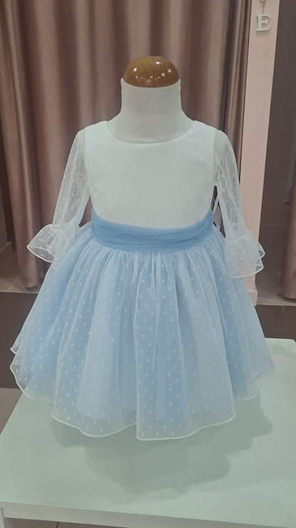 Vestido tul de plumeti blanco y azul manga francesa