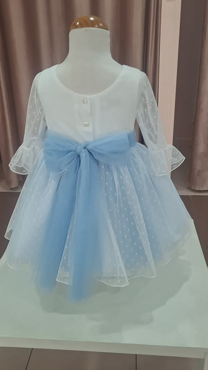 Vestido tul de plumeti blanco y azul manga francesa