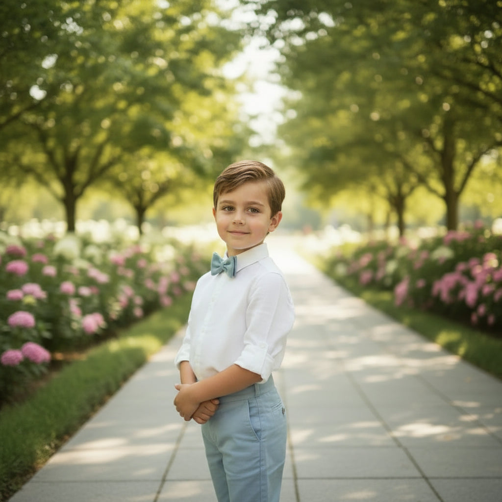 Conjunto camisa lino beig, short azul oceano con fajin y pajarita
