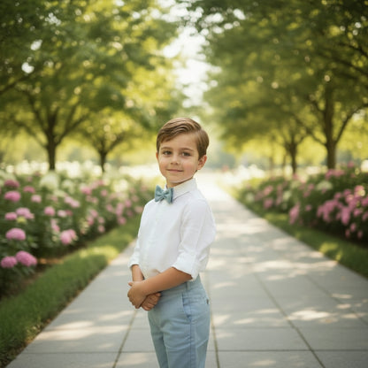 Conjunto camisa lino beig, short azul oceano con fajin y pajarita