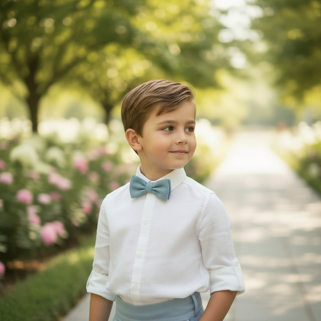 Conjunto camisa lino beig, short azul oceano con fajin y pajarita