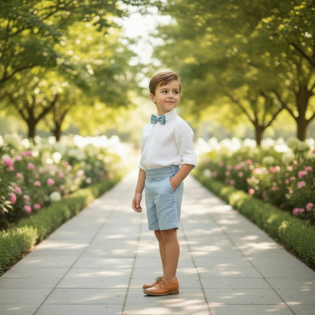 Conjunto camisa lino beig, short azul oceano con fajin y pajarita