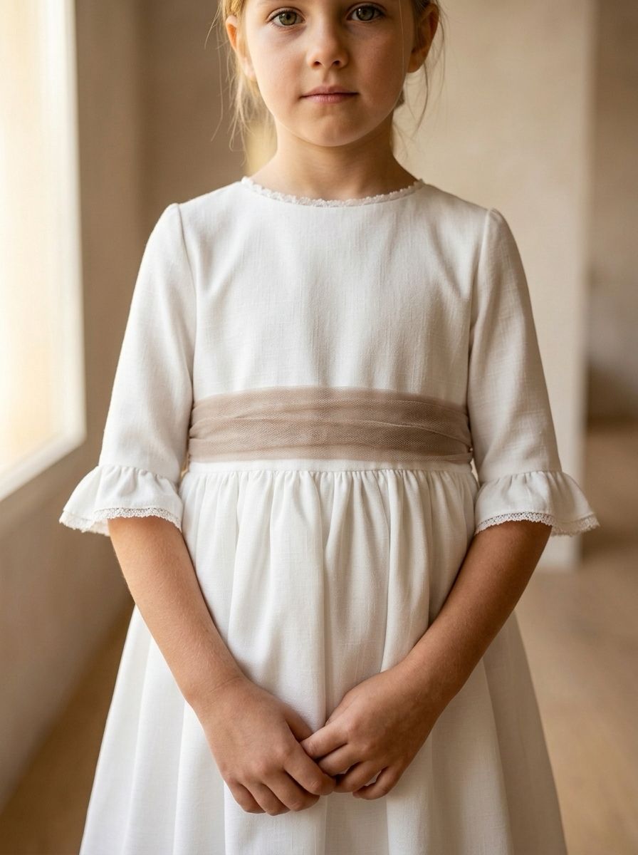 Vestido blanco con manga francesa y puntilla