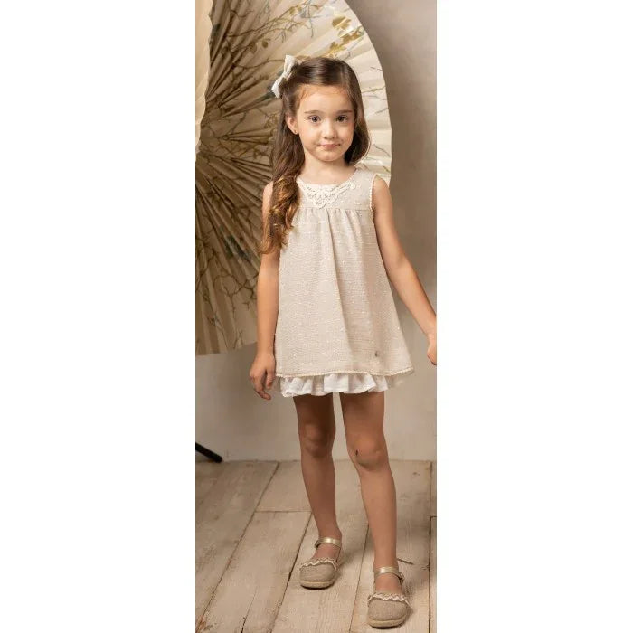 Vestido arena y beig recto con volantes - PARDALETS