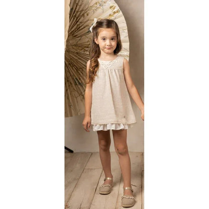 Vestido arena y beig recto con volantes - PARDALETS