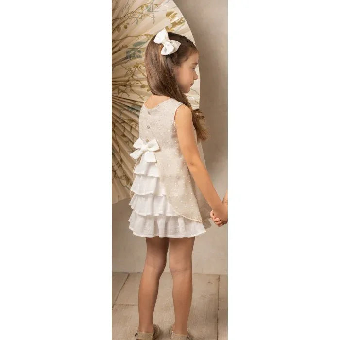 Vestido arena y beig recto con volantes - PARDALETS