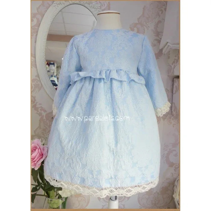 Vestido azul brocado con puntilla beig y gran lazada - PARDALETS