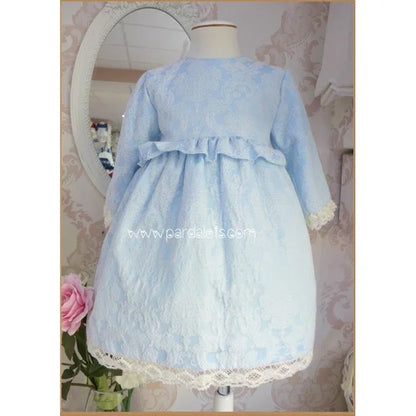 Vestido azul brocado con puntilla beig y gran lazada - PARDALETS